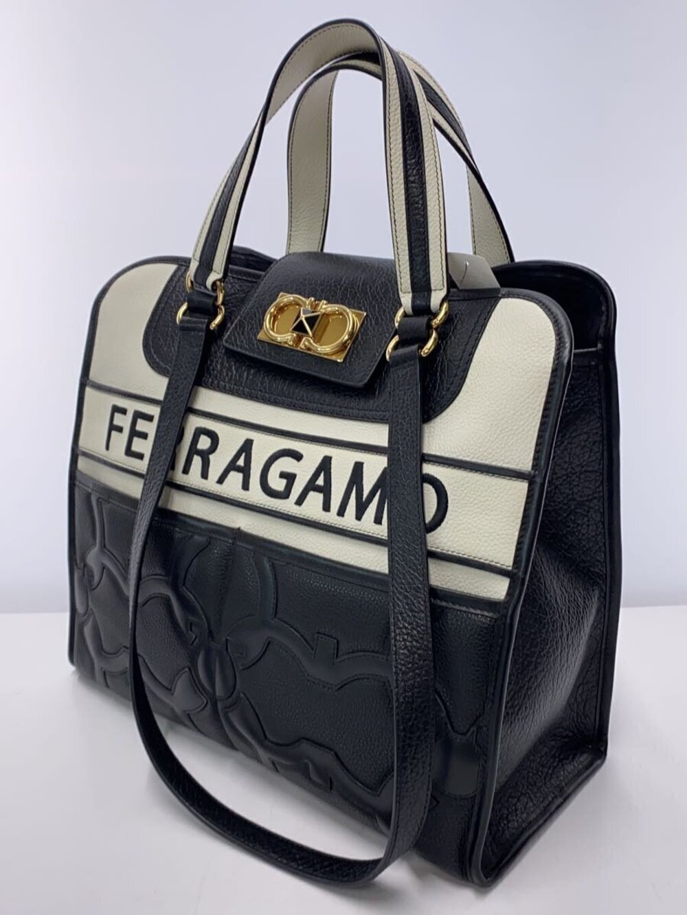 Salvatore Ferragamo Iconic Black Leather Bag White Tote Gancini Black White